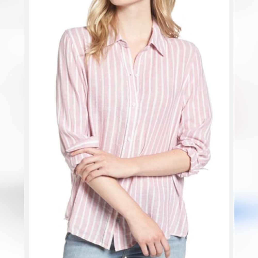 Rails Sydney Button Down Linen Blend Shirt S Rouge Rose Gold Lurex Striped